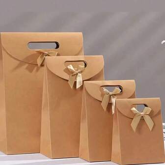 5 piezas Bolsas de papel kraft estilo portal sin ventana para Navidad, Acción de Gracias, Día de San Valentín, Año Nuevo Chino, cumpleaños, boda, cajas de regalo autoportantes con tapa abatible, bolsas de regalo, bolsas de fiesta