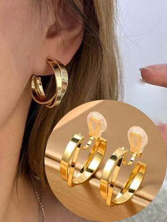 1对时尚新款圆形铁艺耳环，女士夹式耳环，双圈设计，显瘦优雅，适合日常佩戴，节日礼物