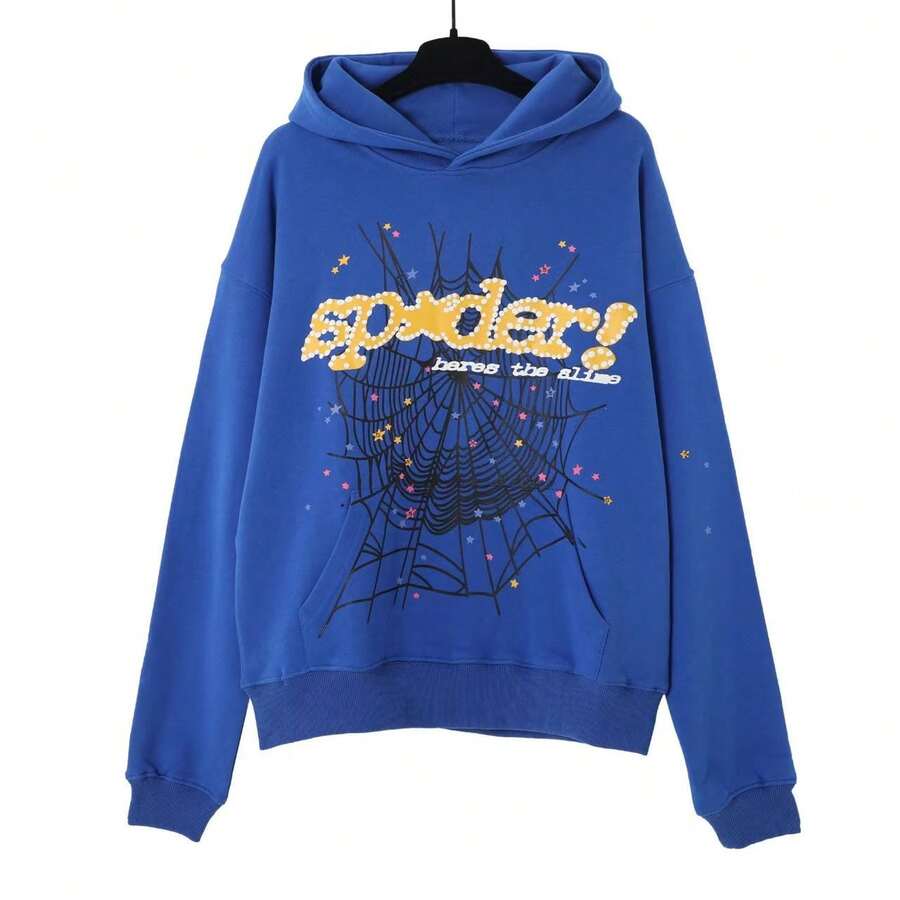 Autumn/Winter Streetwear Hip Hoodie With Spiderweb Print, Fashionable Sporty Hoodie - Màu xanh lam - Xem 1