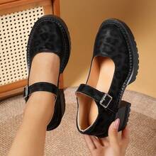 Neue britische Stil Damen Komfortable Einfarbig & Leopardenmuster Schnallen Dicke High Heel Kniehohe Stiefel - Dicker Absatz, Stofffutter *Botines* Elegante Damenstiefel *Leopardenmuster Sexy Damenstiefel & Dicker Absatz Mary Jane Leopardenmuster Damenschuhe - Schwarz - Übersicht 5