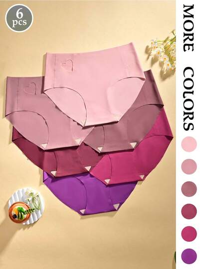 6 piezas/paquete - Bragas sin costuras con diseño de corazón hueco, suaves y cómodas, para uso diario y en el hogar para mujeres, en color rosa y morado