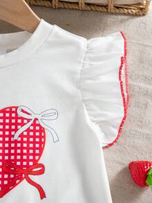 Set de 2 piezas de ropa casual de verano para niñas con top sin mangas con estampado de corazón y lazo, y pantalones con estampado de parches - Blanco - Ver 6