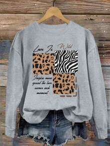 女士秋冬豹纹字母印花简约宽松街头风休闲圆领长袖保暖卫衣 - 灰色 - 查看 1