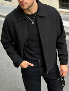 Men's Casual Solid Color Coach Jacket, Fashionable Versatile Collared Lightweight Jacket For Autumn - Black - View 4