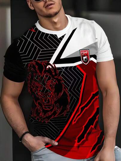 Men's Sporty Animal Print 3D Contrasting T-Shirt - Football Geometric Pattern Breathable Short Sleeved Summer Top, Casual Travel Party, Machine Washable