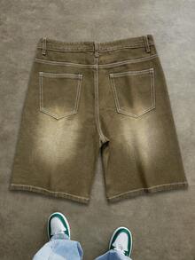 Quần short denim nam HEHCN có túi trước, kiểu dáng vintage màu xanh lam bạc màu, phong cách thời trang đường phố Mỹ, quần short Bermuda, món quà thích hợp cho bạn trai, chồng. - Màu xanh Ô liu - Xem 7