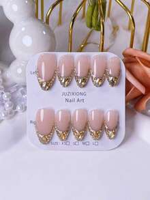 10pcs Handmade Almond-Shaped Nail Stickers: Nude French Base Color Decorated With Gold Champagne Rhinestones. These Nail Stickers Are Fully Handmade, Featuring A Chic Nude French Base Color And Hand-Embedded Gold Champagne Rhinestones. Nails Nail Supplies Handmade Press On Nails - Multicolor - View 5