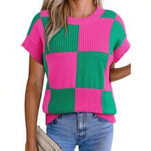 Short Sleeve Sweater For Women Crewneck Color Block Knit Tops 2026 Cap Sleeve Sweater Vest Spring - 玫紅色 - 查看 8