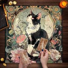 1件装神秘巫术猫咪祭坛布，紫色花卉图案，涤纶材质，可用于占卜塔罗牌，是女巫装饰、万圣节装饰配件、仪式祭坛主题装饰的理想之选。