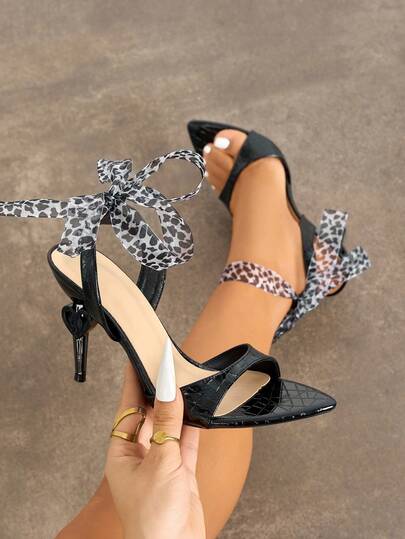 女士豹纹缎带独特打结装饰踝带闪亮优雅心形鞋跟露趾穆勒鞋窄腰带镂空踝带婚鞋，高端碎玻璃纹理优雅神秘亮黑色时尚高跟尖头心形鞋跟夜店派对名人舞台表演宴会婚礼毕业户外旅行情人节母亲节圣诞节新年教师节感恩节凉鞋