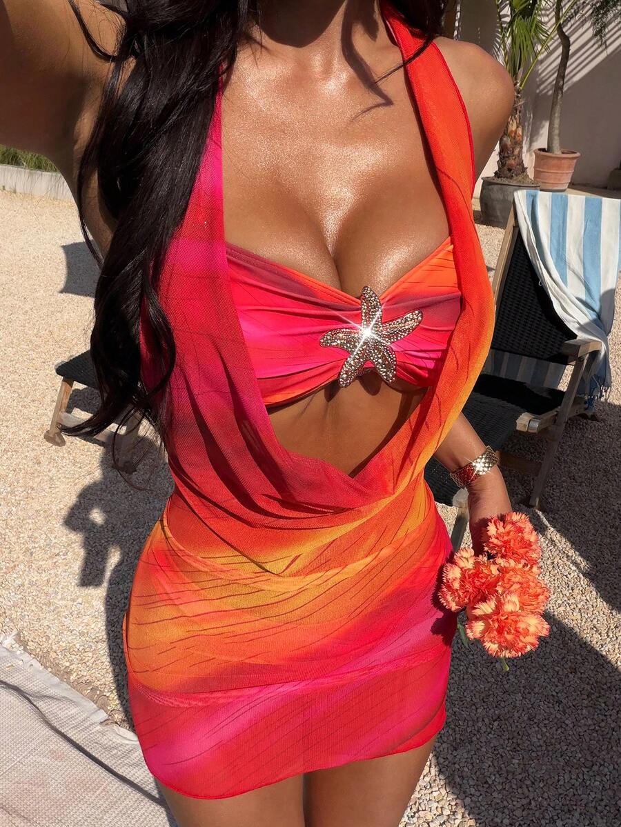 PEPPERMOLLY Conjunto de traje de baño de 3 piezas con estampado vintage para primavera/verano 2026, con falda con volantes, escote profundo de halter y decoración de estrella de metal, bikini retro lujoso y sexy, adecuado para vacaciones en la playa - Multicolor - Ver 1