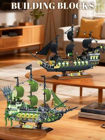 1500+PCS Pirate Ship Building Toy Set With Lights Micro Building Blocks Assembled Models Toys 3D Model Boat ABS Plastic,Desktop Ornaments/Home Decorations,Christmas Gifts/Halloween Gifts/Birthday Gifts