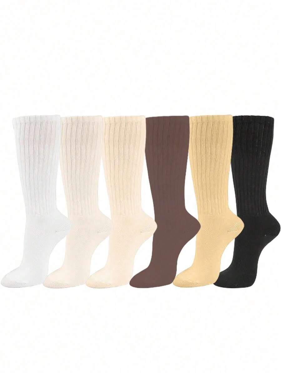 6 Pairs Women's Loose Mid-Calf Socks, Fashion Versatile, Soft & Comfortable For Daily Wear, Moisture-Wicking, Warm For Back To School - Multicolor - View 1