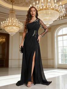 水晶装饰长袖开衩肩带连衣裙 - 黑色 - 查看 1