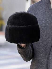 1pc Men's Winter Faux Mink Fur Warm Beanie Hat, Suitable For Middle-Aged And Elderly, Solid Color Fleece Knit Cap, Suitable As Gift For Father Or Outdoor Travel - MM1811 - View 3