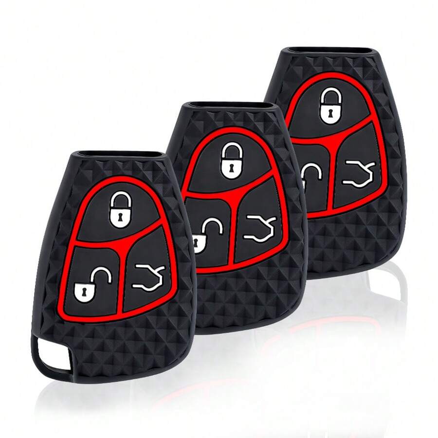 Silicone Car Key Fob Cover - 3-Button Remote Case For Mercedes Benz C/B/E/R Classes, Compatible With W203 W211 W204 W202 W210 W208 CLS CLK, Durable Protection Accessory - Black - View 1