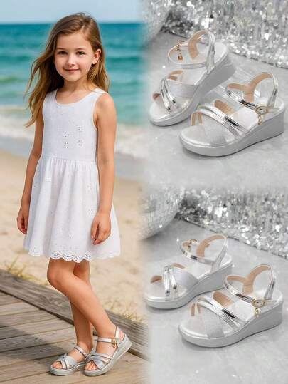 1 Pair Silver Glitter Wedge Sandals For Teenage Girls, Mirrored Leather Adjustable Strap With Classic Metal Buckle Design, Open Toe 4.5CM Platform, Fashionable & Cute For Daily, Beach, Holiday, Party Wear, Spring/Summer 2026
