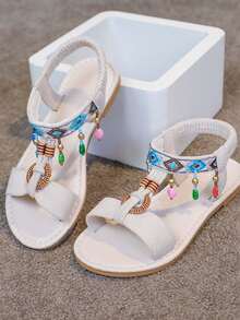 1 Pair Girls' Summer New Fashion Casual Sandals, Roman Style Flat Heel Beach Shoes - Beige - View 2