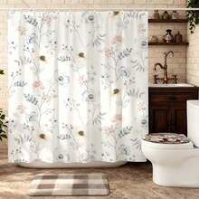 1件装花卉图案浴室浴帘，优雅复古粉彩花卉图案，现代浴室装饰套装，带挂钩，优美植物设计，必备浴室配件，自然灵感淋浴装饰，涤纶材质，带挂钩 - 彩色 - 查看 1