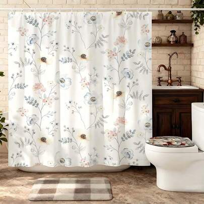 1件装花卉图案浴室浴帘，优雅复古粉彩花卉图案，现代浴室装饰套装，带挂钩，优美植物设计，必备浴室配件，自然灵感淋浴装饰，涤纶材质，带挂钩