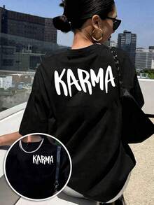 CHICLY19 Women's 100% Cotton "KARMA" Graphic T-Shirt, Bold Letter Print Oversized Tee, Casual Crewneck Short Sleeve, Loose Fit Minimalist Slogan Top, Soft Cotton Everyday Casual Wear, Urban Street Style Black Tee, Versatile Back & Chest Print Apparel, Simple Typography Casual Shirt For Women - Black - View 6
