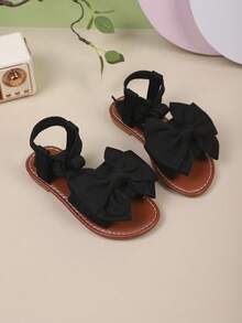 1 Pair Fashion Summer New Slim Lace-Up Big Bow Girls Flat Sandals, Suitable For 3-15 Years Old Children For Outdoor Vacation, Beach Travel And Leisure, Princess-Like - Black - View 6