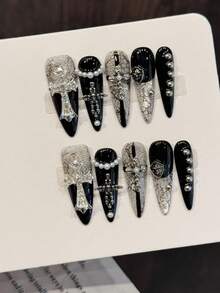 10片装长款尖头手工美甲贴片，适合派对和日常佩戴，黑色，暗黑系，易于佩戴；10片装Y2K风格手工美甲贴片，闪亮夺目，适合女孩和女士参加节日派对和日常佩戴；美甲用品；手工美甲贴片 - 黑色 - 查看 5