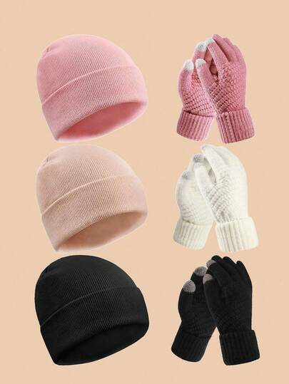 2 Pieces Winter Beanie & Glove Set, Thickened Knit Beanie With Touchscreen Gloves, Unisex Solid Color Stylish Skull Cap, Women's Korean Style Casual Knit Beanie & Glove Set - Unisex Solid Color, Warm For Outdoor Cycling