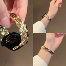 Chic Apple-Inspired Wheat & Diamond Bracelet Watch Band With Freely Adjustable Sizing | Sparkling Textured Design & Cute Apple Charm, Compatible With Apple Watch Ultra/SE/Series 11/10/9/8/7/6/5/4/3/2/1 | Fits 38mm 40mm 41mm 42mm 44mm 45mm 46mm 49mm