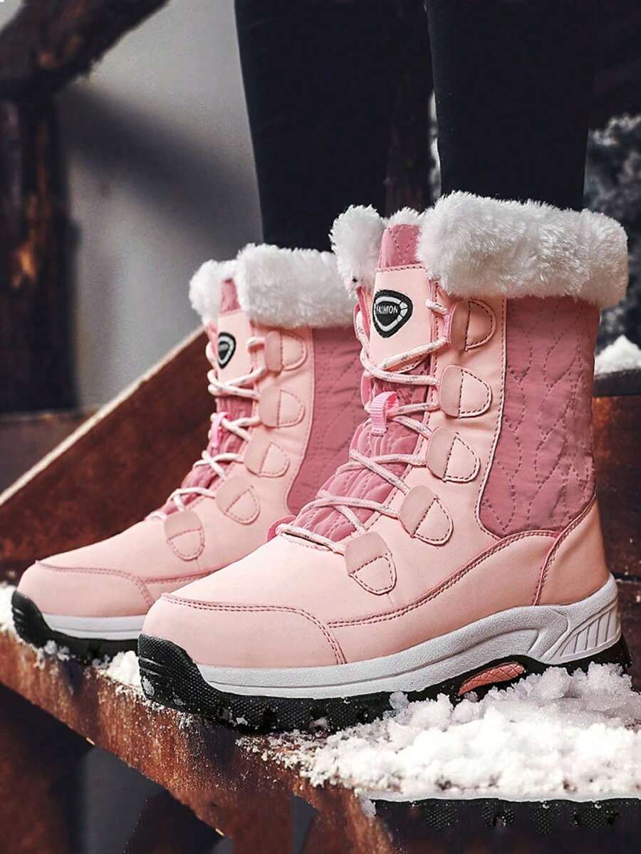 女士系带高帮靴,保暖雪地靴,中筒冬季鞋,户外休闲运动靴 - 粉色 - 查看 1