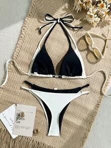 LUCKY HOLIDAY 2026 夏季新款时尚性感沙滩撞色双层三角比基尼丁字裤系带复古风女泳衣两件套