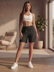 DEVIT - Short 3/4 negro para mujer estilo casual, tela rib acanalada elástica, pretina ancha sin jareta ni bolsillos, diseño básico cómodo y versátil hasta la rodilla ideal para outfits diarios, deportivos o de descanso - Negro - Ver 7