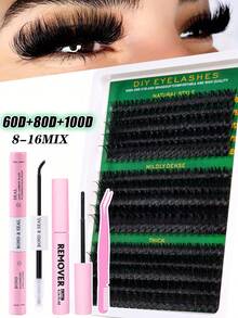 MEM 300/270片装簇状假睫毛，大容量，30D+40D+50D/40D+60D+80D/60D+80D+100D D型卷翘，长度8-16毫米，DIY睫毛簇，自然妆效，浓密纤长，超柔软轻盈，可重复使用，单节睫毛，睫毛嫁接套装，适合旅行、日常佩戴（新手友好）、婚礼、约会、派对、节日，也是圣诞节/万圣节/送礼佳品。 - 黑色 - 查看 2