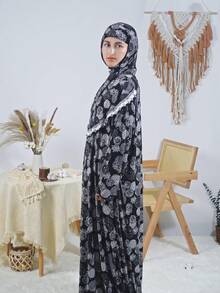 Women's Elegant Hooded Prayer Dress Full Length With Long Regular Sleeves And Ruffle Detailed Neck In Woven Fabric