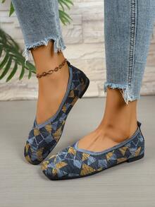 Geometric Pattern Flat Loafers For Women, Soft Sole, Versatile, Breathable, Slip-On, Comfortable Shoes - Blue and Yellow - View 4