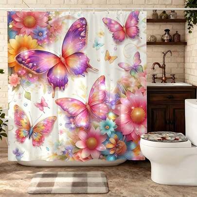 1pc Floral Shower Curtain, Botanical Design Fabric, Home Bathroom Decor, Flowers, Ferns, Hummingbirds, Butterflies, Spring Nature Bathroom Accessories, Vibrant Plant Art On White Background, Privacy Protection, Elegant Bathroom Shower Curtain, Polyester Material, With Hooks