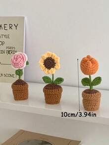 手工针织郁金香盆栽、钩编向日葵盆栽、心形花卉桌面摆件、针织玫瑰制品、勿忘我盆栽、人造花卉桌面摆件、派对礼物、情人节礼物 - 彩色 - 查看 8