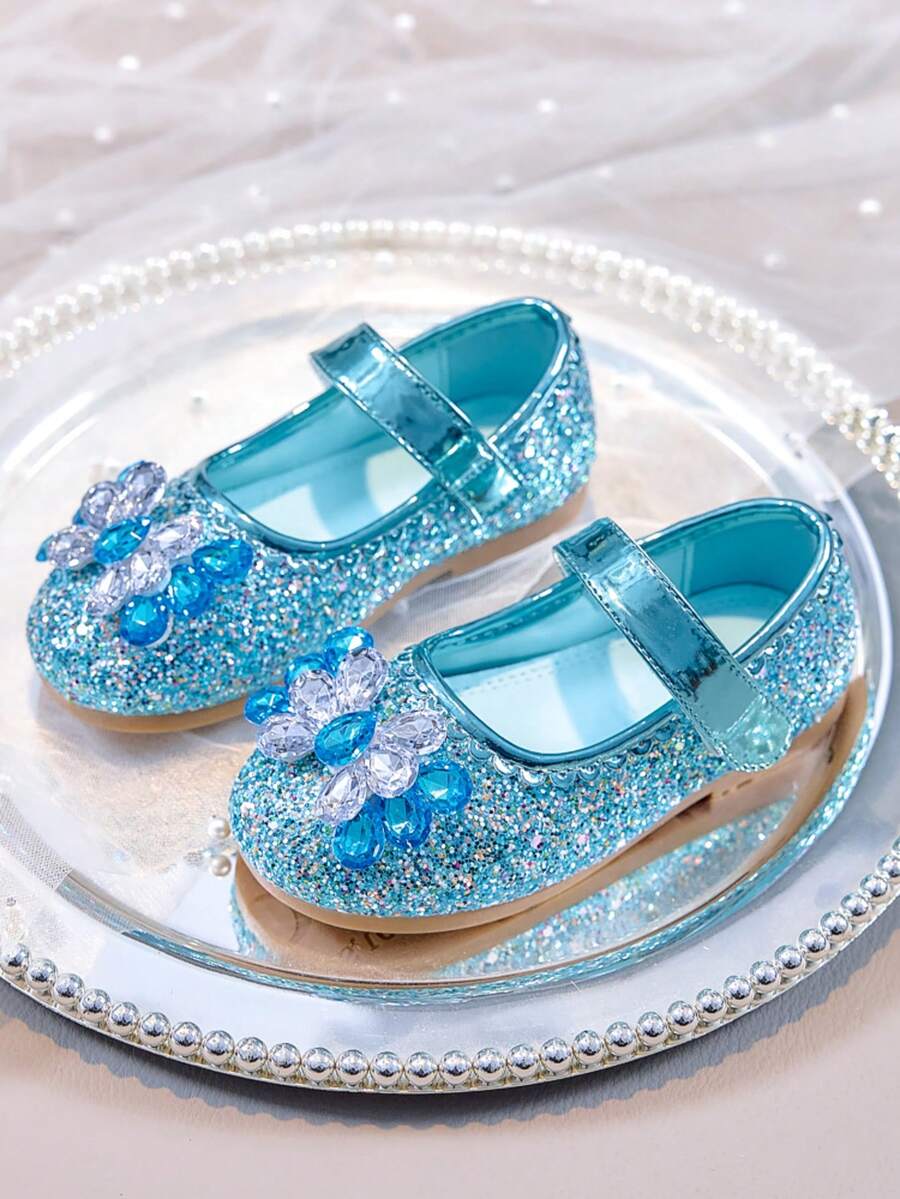 1 Pair Girls' Ice & Snow Princess Flat Shoes With Full Glitter And Rhinestones, Round Toe, Single Strap Buckle, Non-Slip, Versatile For Daily Wear