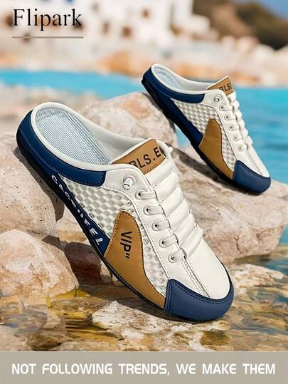 Flipark (Föreslå storlek upp) 1 par herrskor med bekväma, andningsbara skor, färgblock, VIP-logotyp, vit, blå, brun, mesh + läderlappverk, lätta, halkfria, låga slip-on-slip-on-skor för vardags- och högtidskläder
