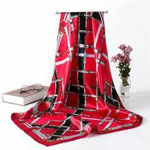 Women's Large Square Satin Scarf 90x90 Chic Polyester Printed - Red / Black - View 3