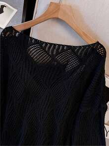 Áo khoác ngoài dáng rộng cổ chữ V họa tiết hình thoi khoét rỗng dành cho nữ, chất liệu dệt kim nhẹ và thoáng khí, thích hợp cho bãi biển và kỳ nghỉ, mùa xuân/hè, màu đen. - màu đen - Xem 5