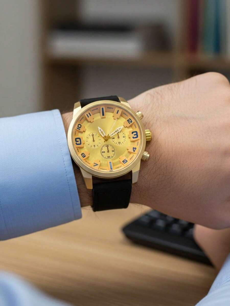 Men's Elegant Business Watch Leather Strap Gold Dial Chameleon Display - màu đen - Xem 1