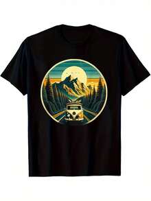 Men's Retro Vintage Adventure Graphic T-Shirt - Black Short Sleeve Tee With Mountain Road & Camper Van Design, Breathable Medium-Stretch Fabric, All-Season Casual Wear For Outdoor Enthusiasts, Camping T Shirts, Nostalgic Design, Nontransparent Material - Black - View 2