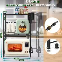 Estante para Microondas Organizador de Cocina, Estante Extensible de 3 Niveles con Ganchos para Utensilios, Tabaquera y Portatablas,Soporte para microondas para Cocina Negro - H - Ver 8