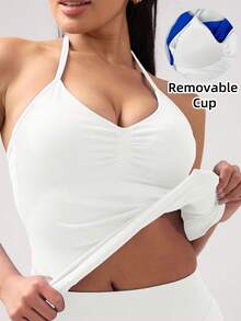 女士瑜伽运动文胸无袖露脐运动上衣，弹力健身透气背心 - 白色 - 查看 11