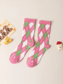 5 Pairs Retro Diamond Geometric Pattern Sports Socks, 1 Pair Of Each Color In The Set