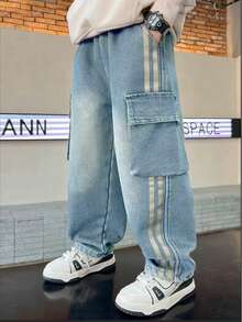 Tween Boys' Fashionable Casual Street Cargo Denim Jeans - Light Wash - View 1
