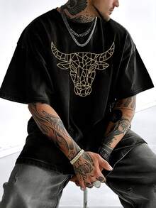 Men's Casual Versatile Simple Personalized Bull Head Line Art Animal Print Short Sleeve T-Shirt - Black - View 1