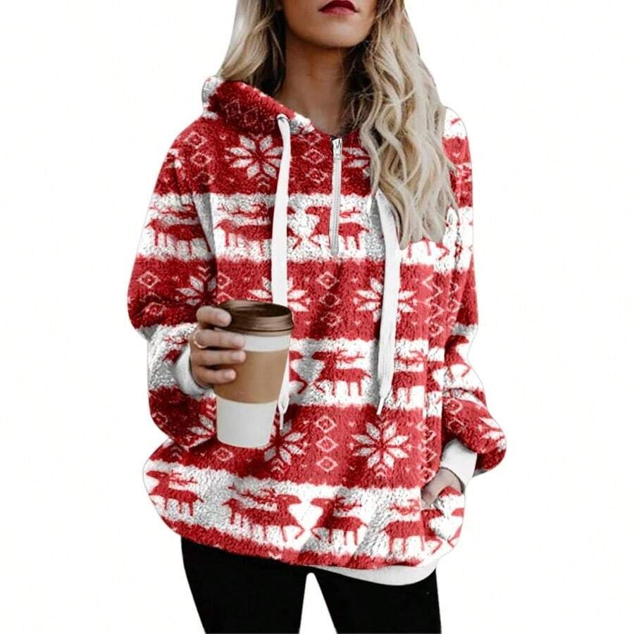 Sudadera de Manga Larga para Mujer con Cordn y Estampado Navideo con Capucha para Otoo e Invierno - inicial - Ver 1