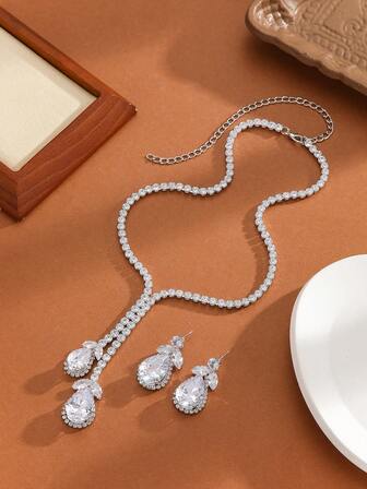 3pcs Bridal Jewelry Set - Necklace And Earrings, Sparkling Water Drop Cubic Zirconia, Suitable For Evening Gowns